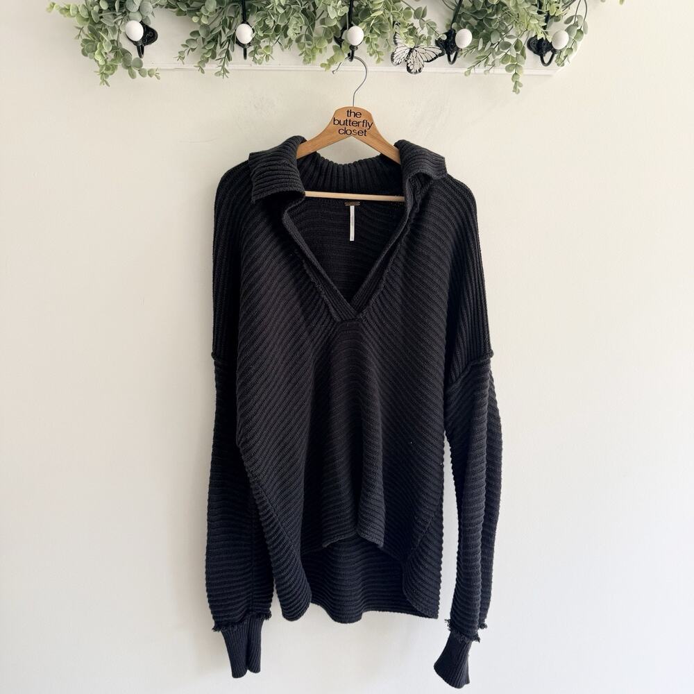 Free People Marlie Ribbed Knit Pullover Sweater V Neck Collared Black Size L ii-
